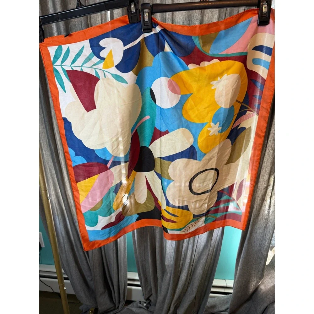 Abstract‎ Floral Square Scarf Multicolor Satin Finish Orange Border